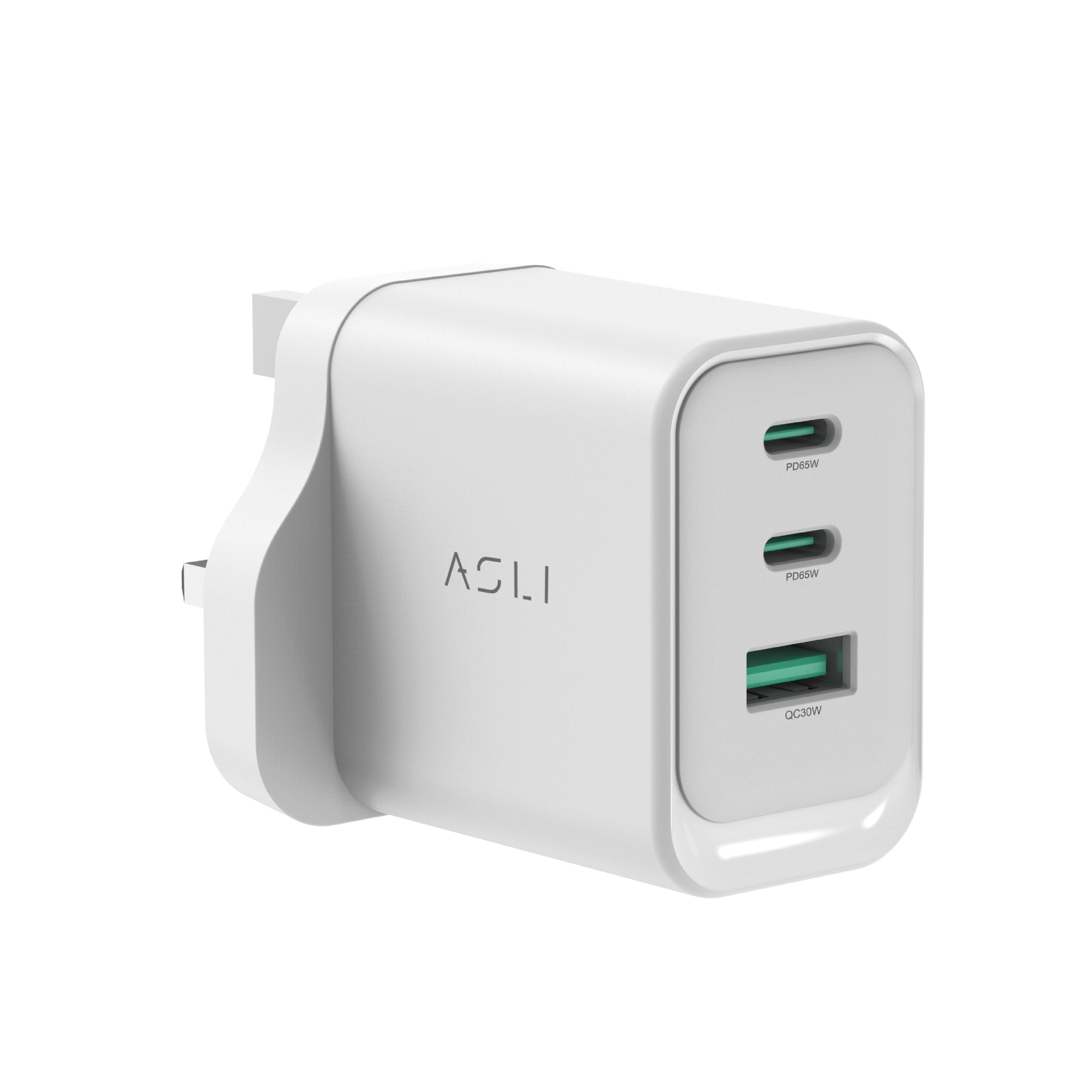 شاحن حائط فائق السرعة من أسلي جلوبال بقوة 65 واط بثلاث منافذ USB بتقنية GaN , PD | أبيض شاحن حائط فائق السرعة من أسلي جلوبال بقوة 65 واط بثلاث منافذ USB بتقنية GaN , PD | أبيض